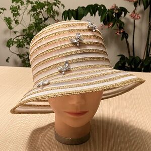 Chic Striped Metallic Gold and White Women's Hat With Crystal Butterfly Accents